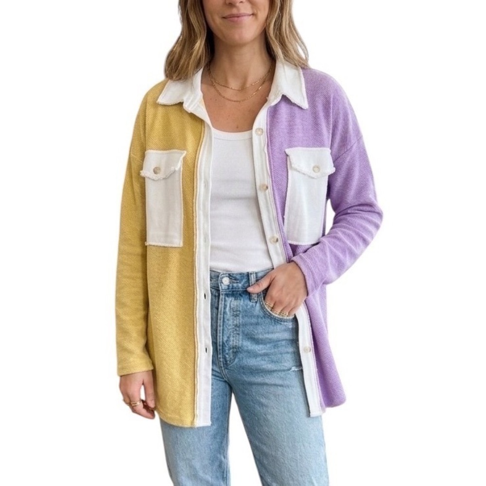 Fantastic Fawn Women Colorblock Knit Shacket Button Front Mardi Gras LSU Small